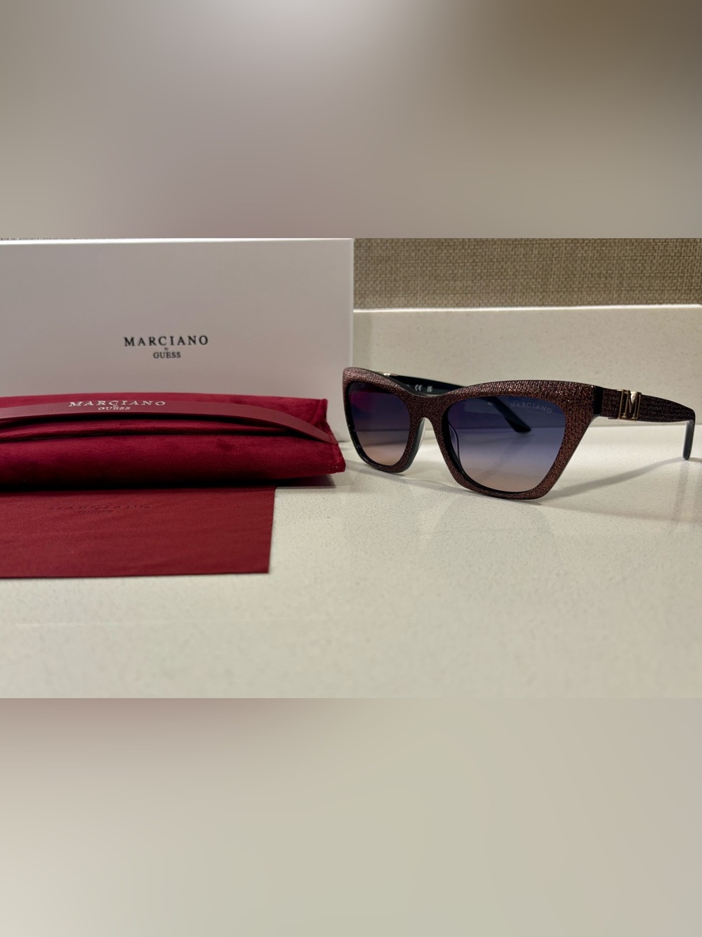 Authentic MARCIANO BY GUESS Burgundy Sparkle Sunglasses - New with Packaging